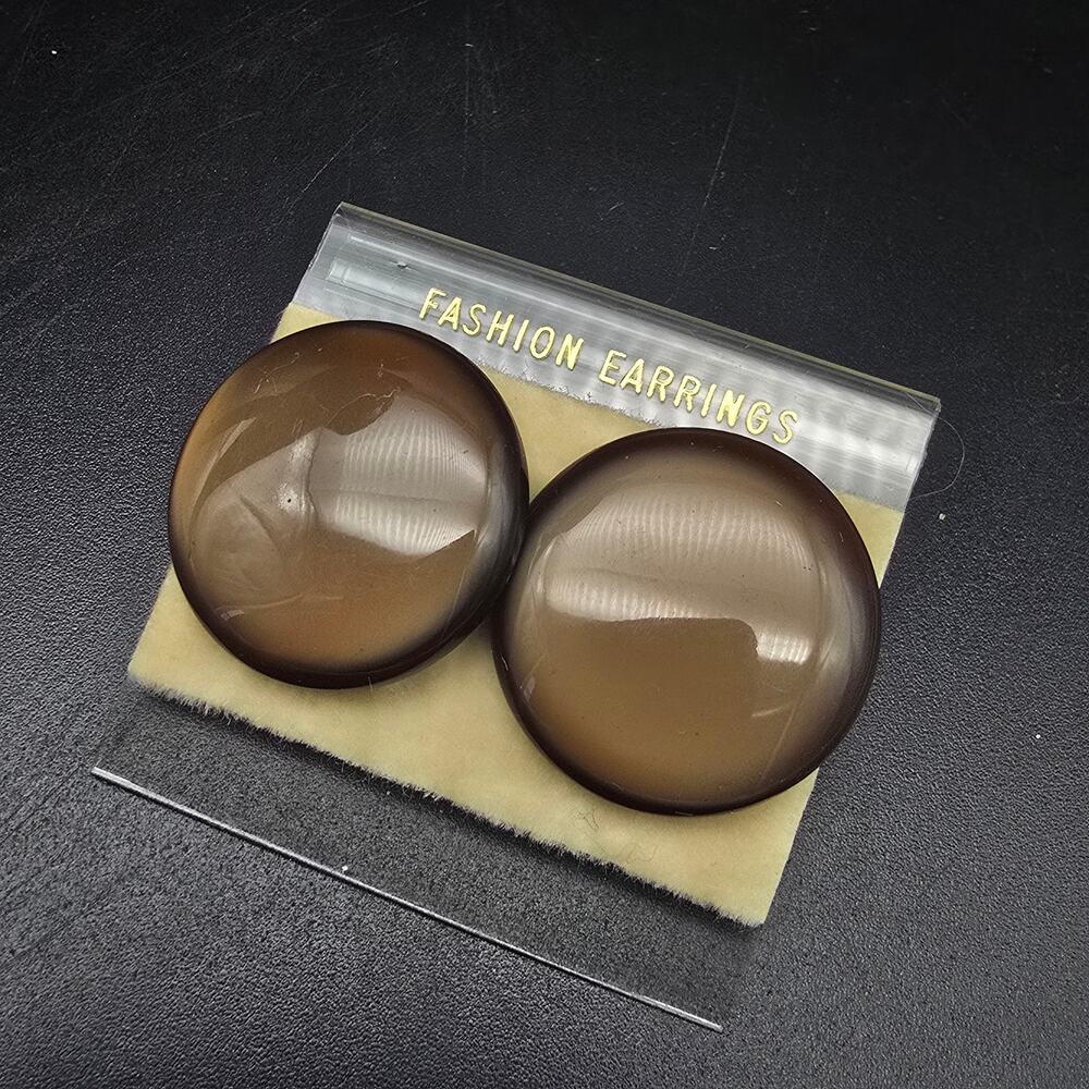 Vintage Brown Moon Glow Button Earrings NOS NWT On Card